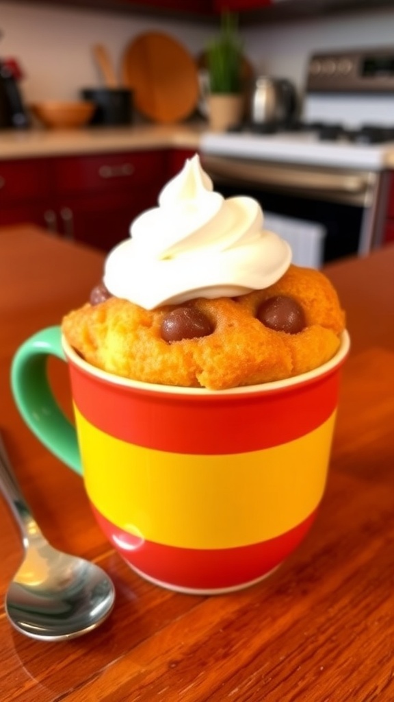 Quick 3-Ingredient Microwave Mug Cake A delicious mug cake topped with whipped cream in a colorful mug on a wooden table.